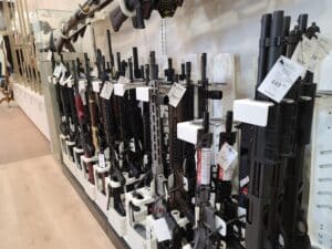Long guns on sale at a gun store during April 2023