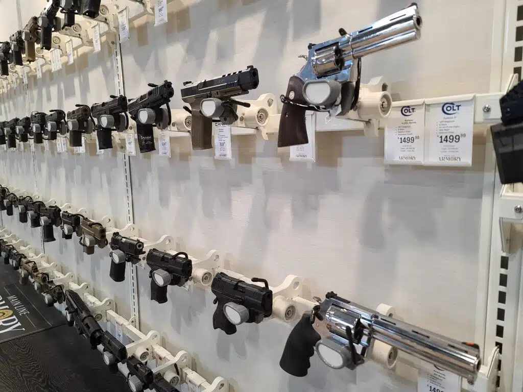 Pistols on display in a Pennsylvania gun store during April 2023