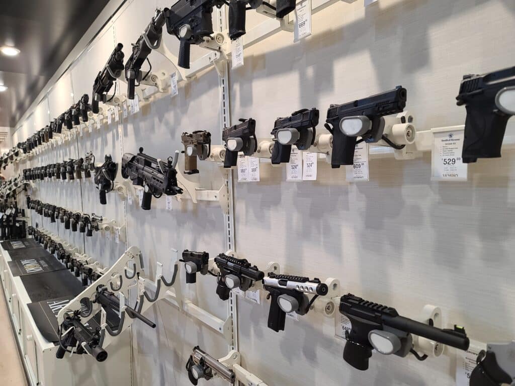 A collection of firearms on sale at a Pennsylvania gun store in April 2023