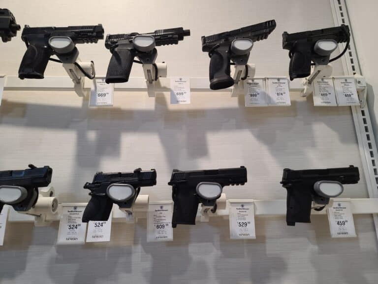Handguns for sale at a gun store in April 2023