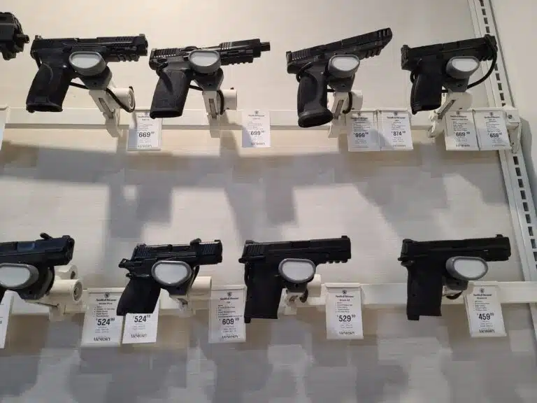 Handguns for sale at a gun store in April 2023