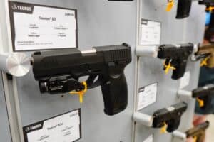 Pistols on display at the 2023 NRA Annual Meeting