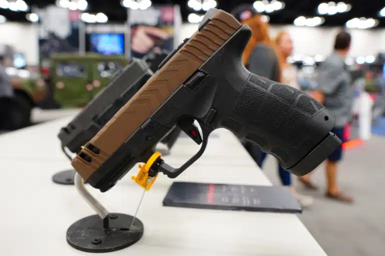 Handguns on display at the 2023 NRA Annual Meeting