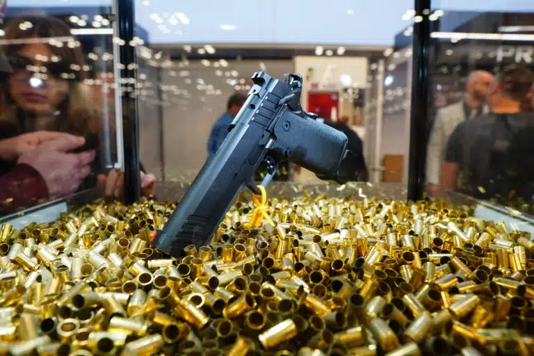 A handgun on display at the Springfield Armory booth at the 2023 NRA Annual Meeting