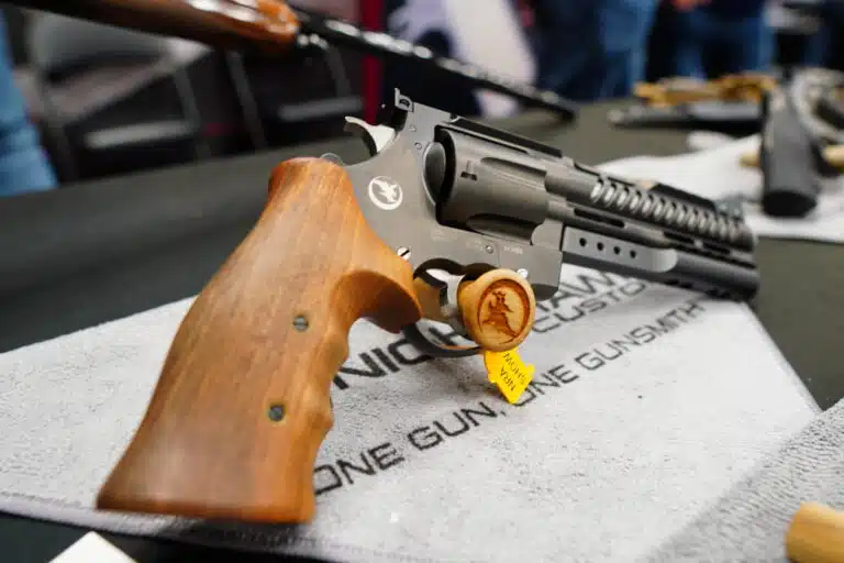 A revolver on display at the 2023 NRA Annual Meeting
