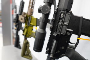 AR-15 rifles on display at the 2023 NRA Annual Meeting