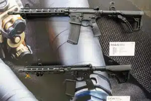 A pair of AR-15s on display at the 2023 NRA Annual Meeting