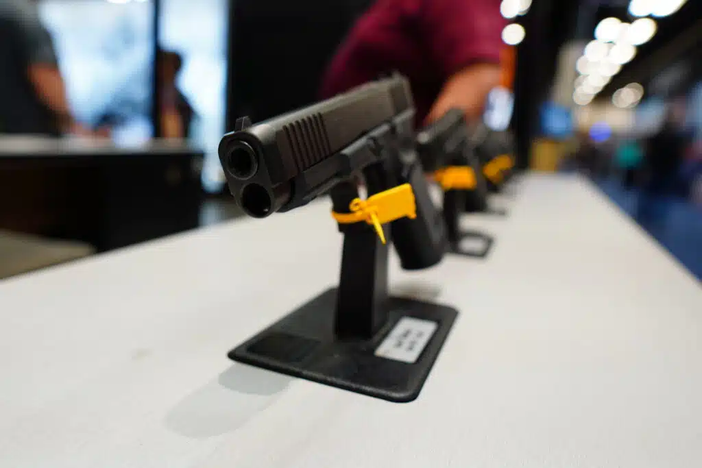 A handgun on display at the Glook booth during the 2023 NRA Annual Meeting