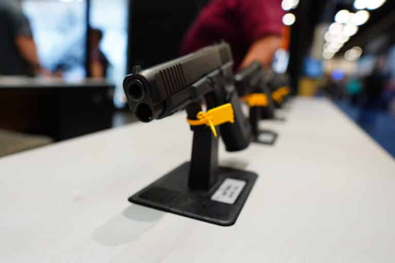 A handgun on display at the Glock booth during the 2023 NRA Annual Meeting