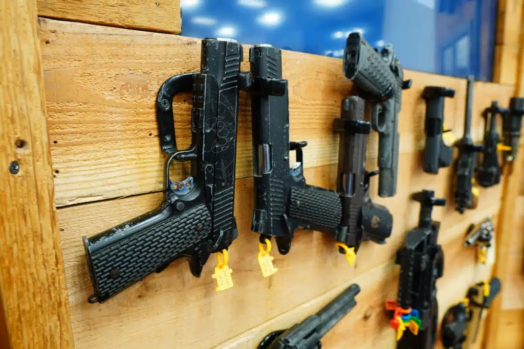 Pistols on display at the NRA's 2023 Annual Meeting