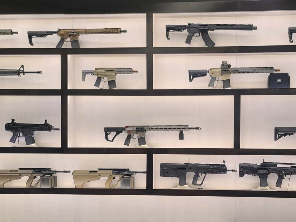 A collection of rifles on sale at a Virginia gun store in July 2023