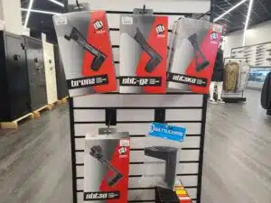 A collection of pistol braces on sale at a gun store