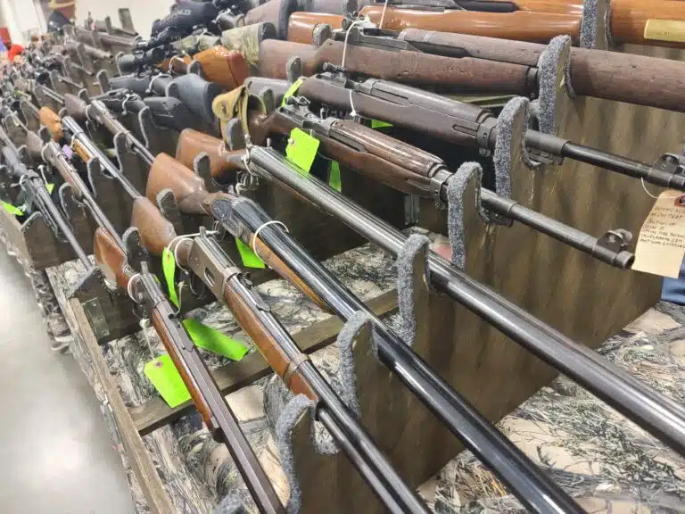 Rifles on sale at the Nation's Gun Show in Chantilly, Virginia during July 2023