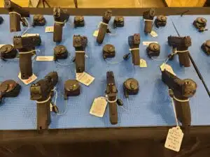 Handguns on sale at the Nation's Gun Show in Chantilly, Virginia during July 2023