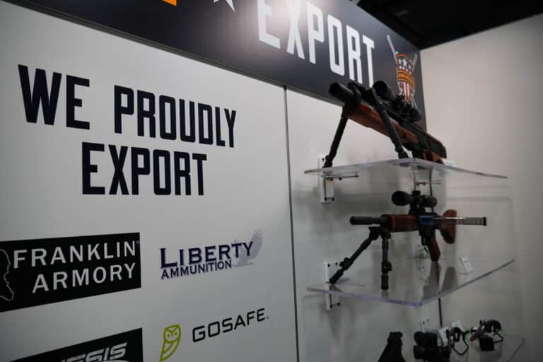 Guns on display at a firearm exporter's booth at SHOT Show 2024
