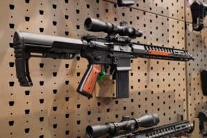 An AR-15 rifle on display at the 2024 SHOT Show in Las Vegas, Nevada